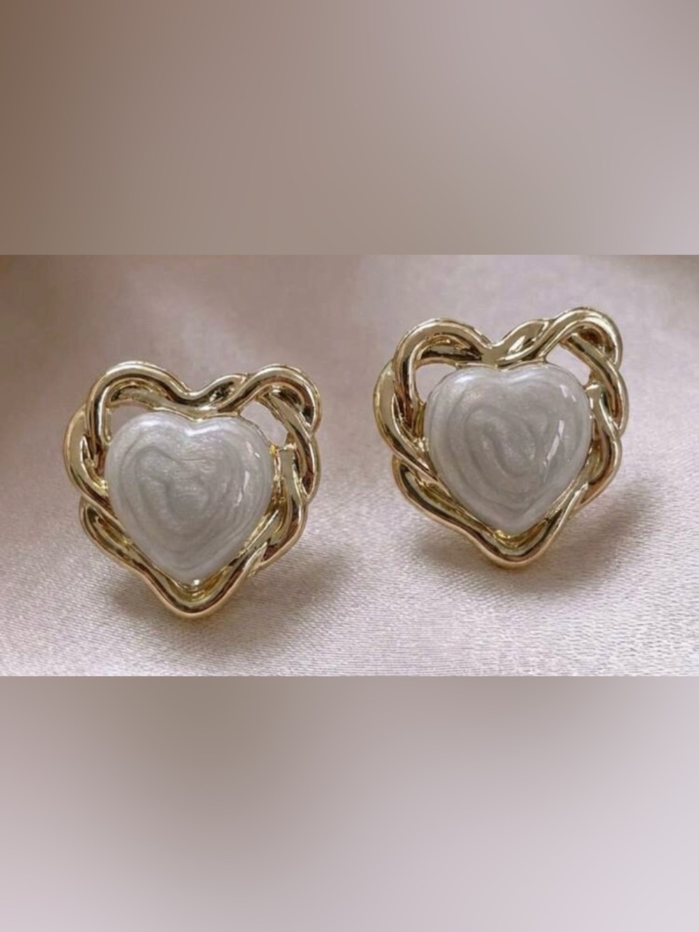 Gold Heart Frame Earrings with Pearl-White Hearts